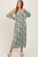 Deep Teal Floral Print Off Shoulder Smocked Maternity Maxi Dress