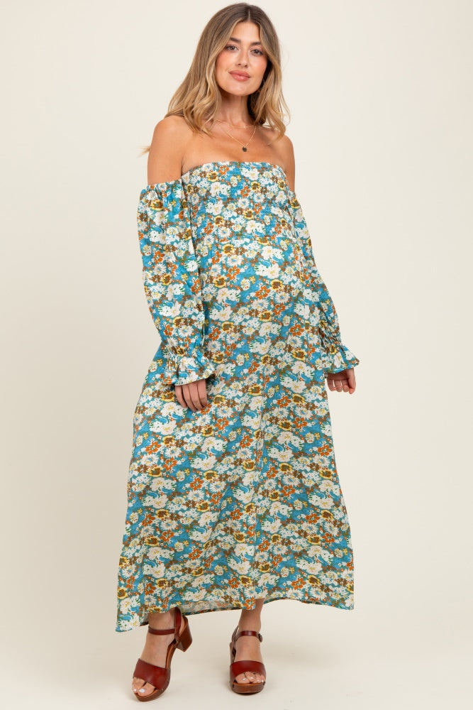 Deep Teal Floral Print Off Shoulder Smocked Maternity Maxi Dress