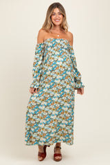 Deep Teal Floral Print Off Shoulder Smocked Maternity Maxi Dress