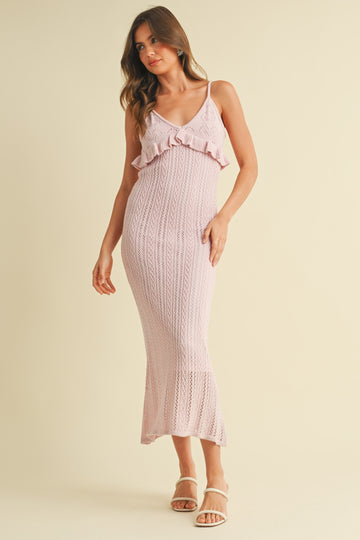 Light Pink Sleeveless Frill Sweater Midi Dress