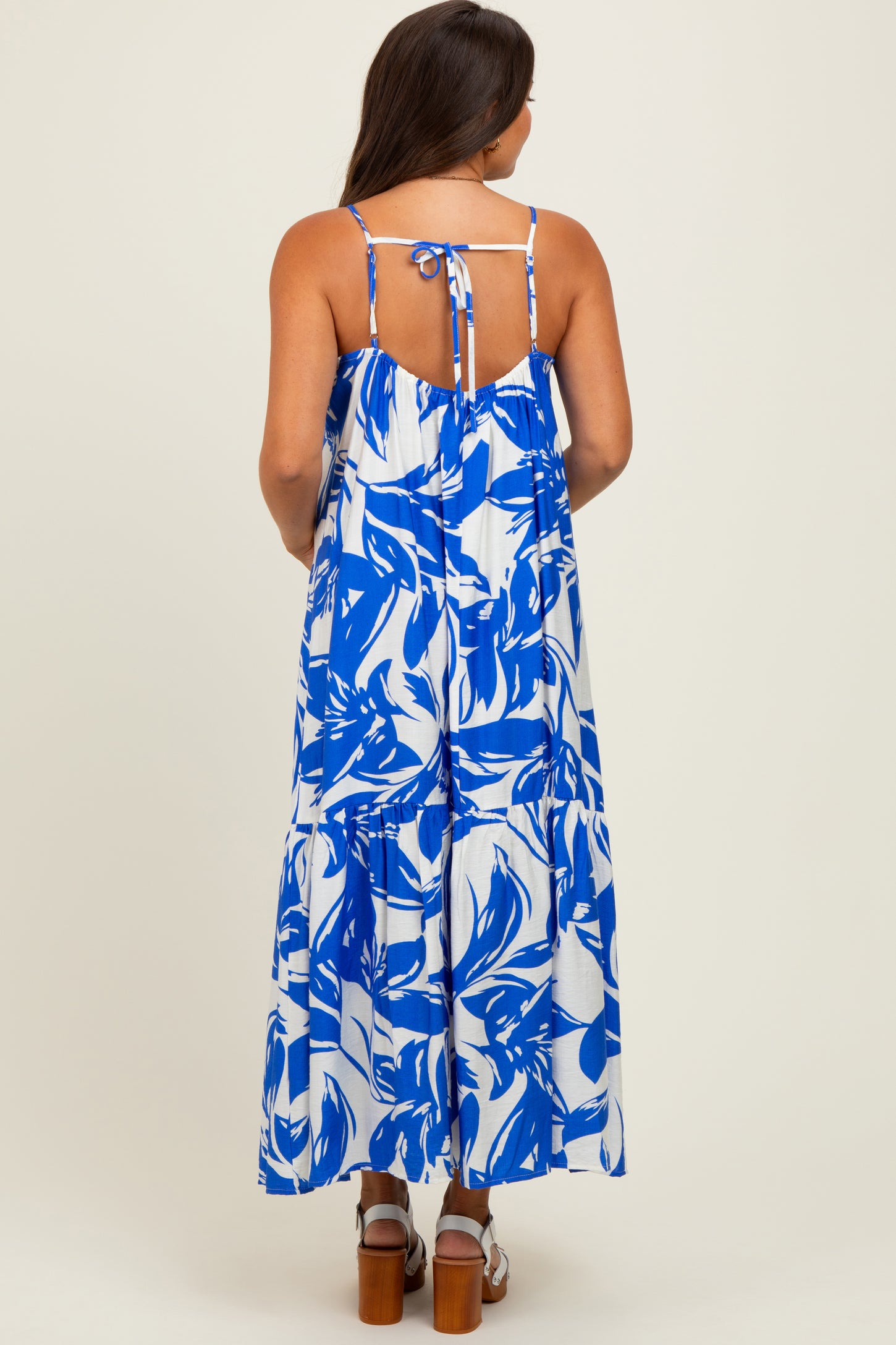 Blue Floral Scoop Tie Back Maternity Maxi Dress