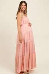 Light Pink Lace Tiered Sleeveless Maternity Maxi Dress