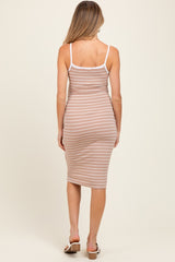 Beige Striped V-Neck Sleeveless Maternity Midi Dress
