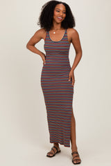 Yellow Multicolor Striped Side Slit Maternity Maxi Dress