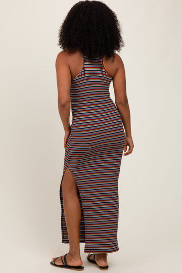 Yellow Multicolor Striped Side Slit Maxi Dress