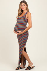 Yellow Multicolor Striped Side Slit Maternity Maxi Dress