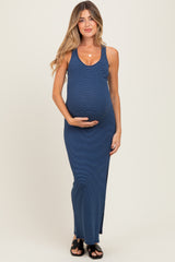 Navy Striped Side Slit Maternity Maxi Dress