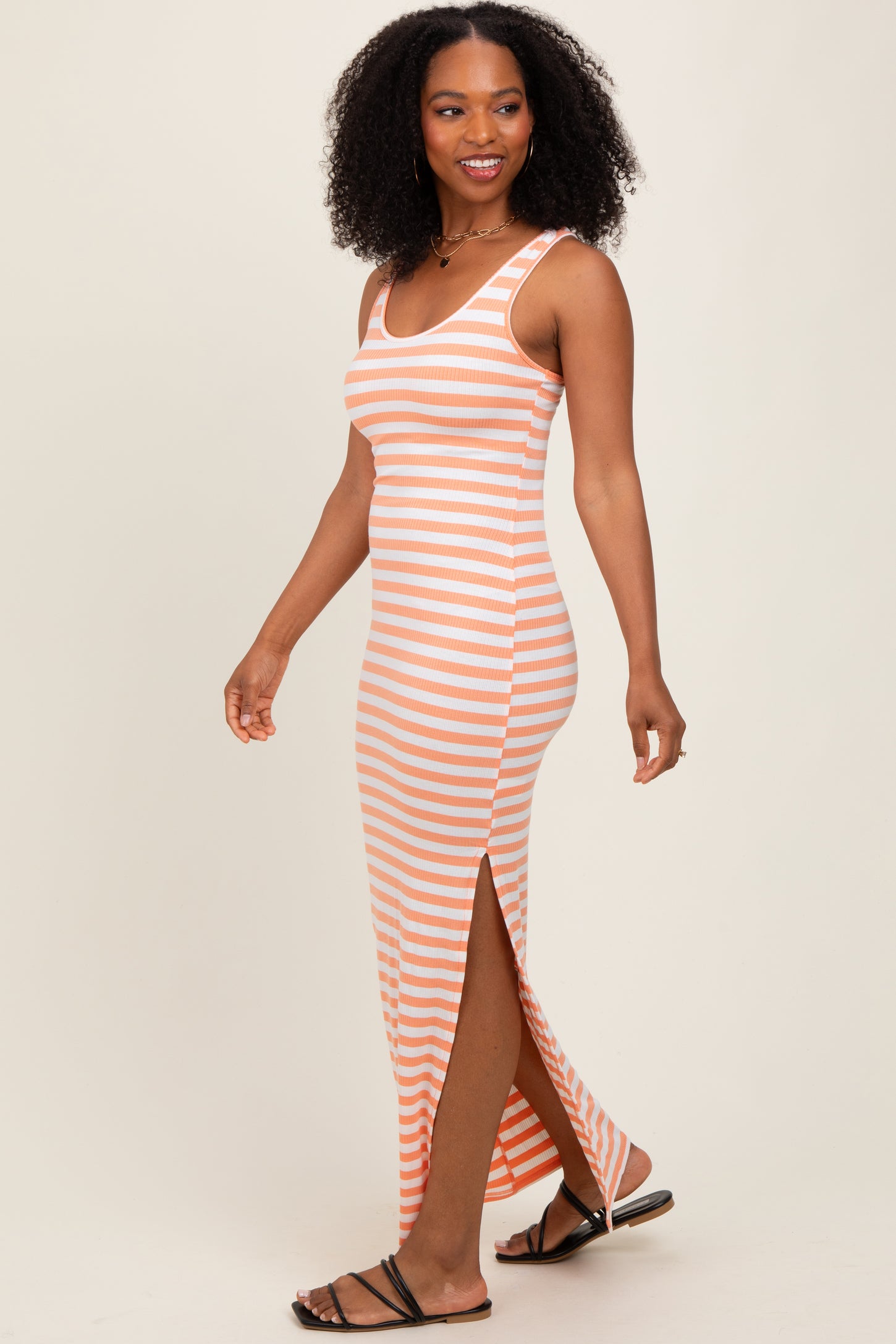 Peach Striped Side Slit Maxi Dress