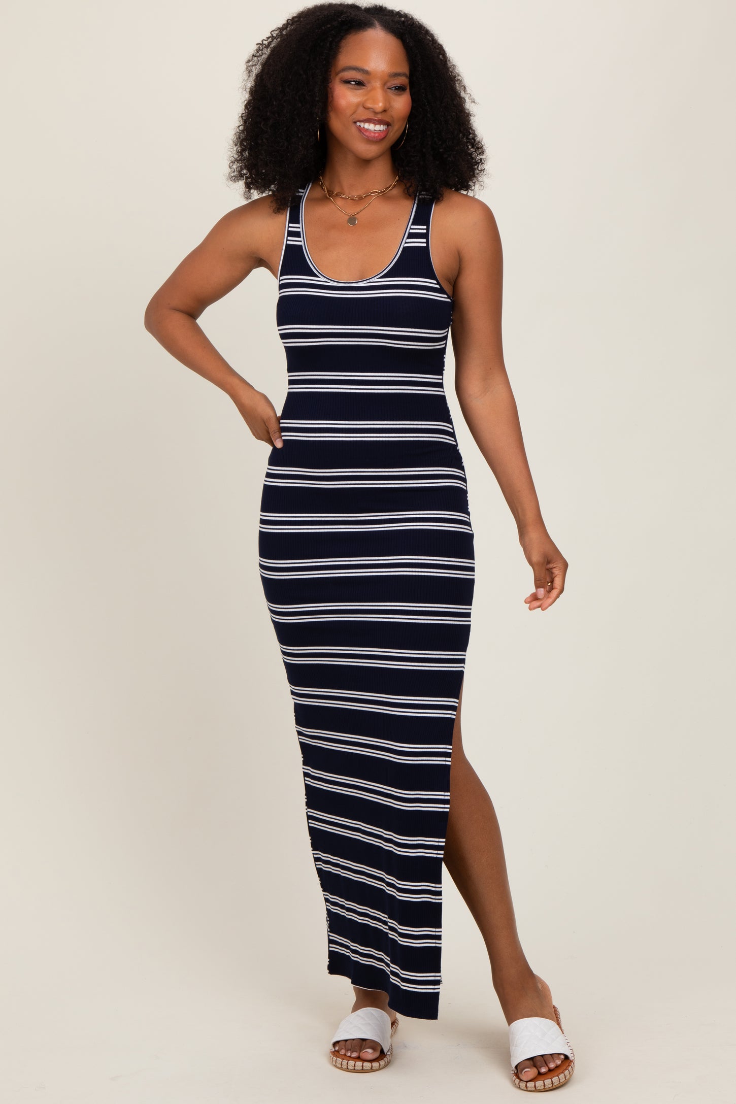 Navy Black Striped Side Slit Maxi Dress – PinkBlush