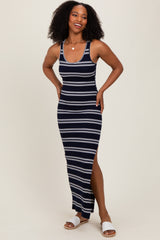 Navy Black Striped Side Slit Maxi Dress