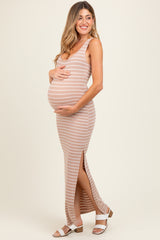 Beige Striped Side Slit Maternity Maxi Dress