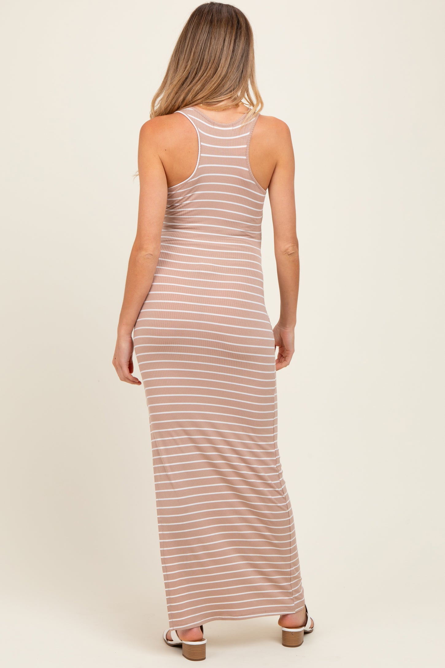Beige Striped Side Slit Maternity Maxi Dress