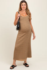 Camel Striped Ribbed Sleeveless Maternity Maxi Dress