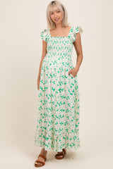 Green Floral Print Smocked Ruffle Sleeve Maternity Maxi Dress