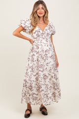 Cream Floral Puff Sleeve Pleated Bodice Maternity Maxi Dress