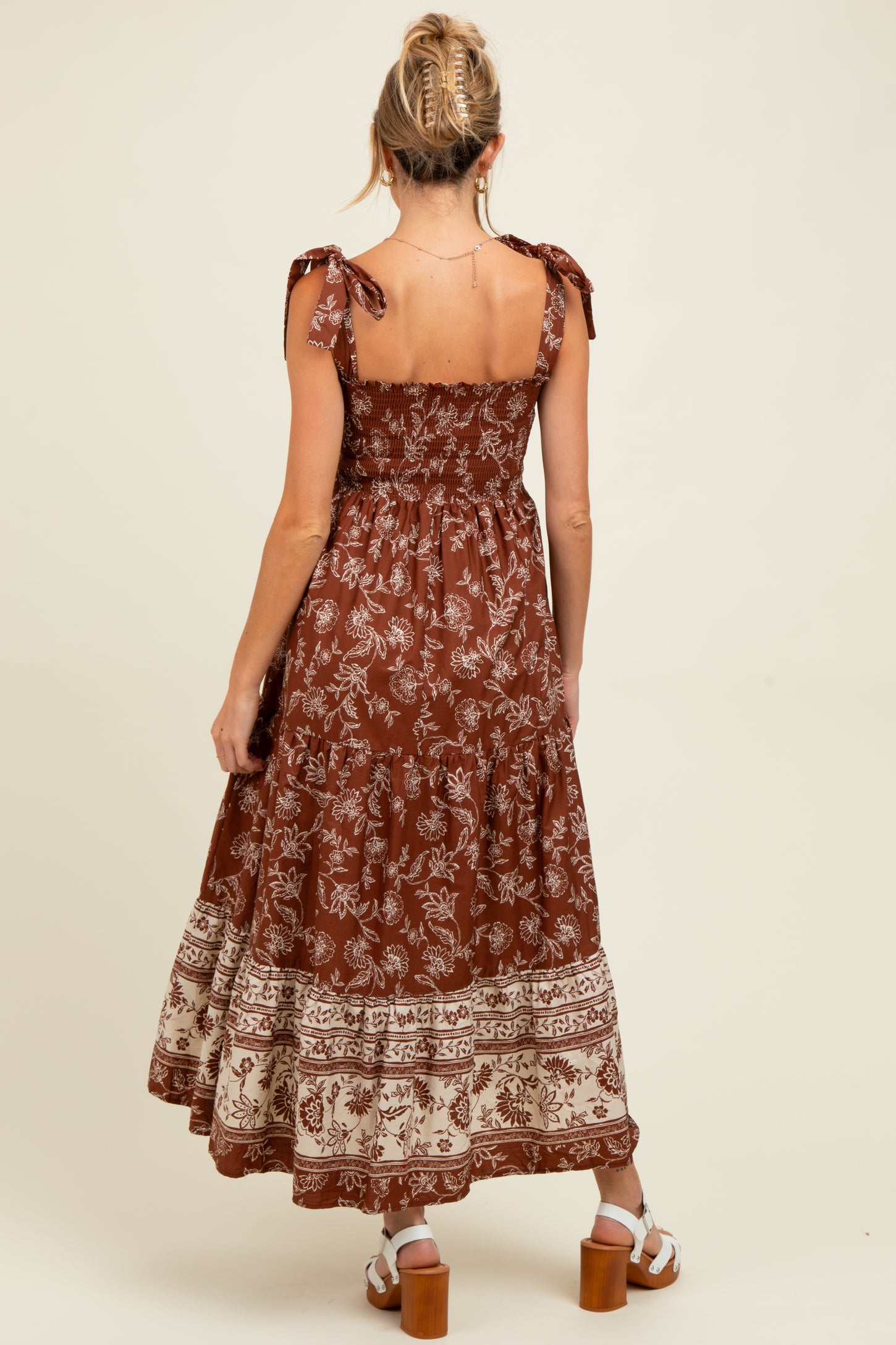 Brown Floral Smocked Shoulder Tie Maternity Maxi Dress