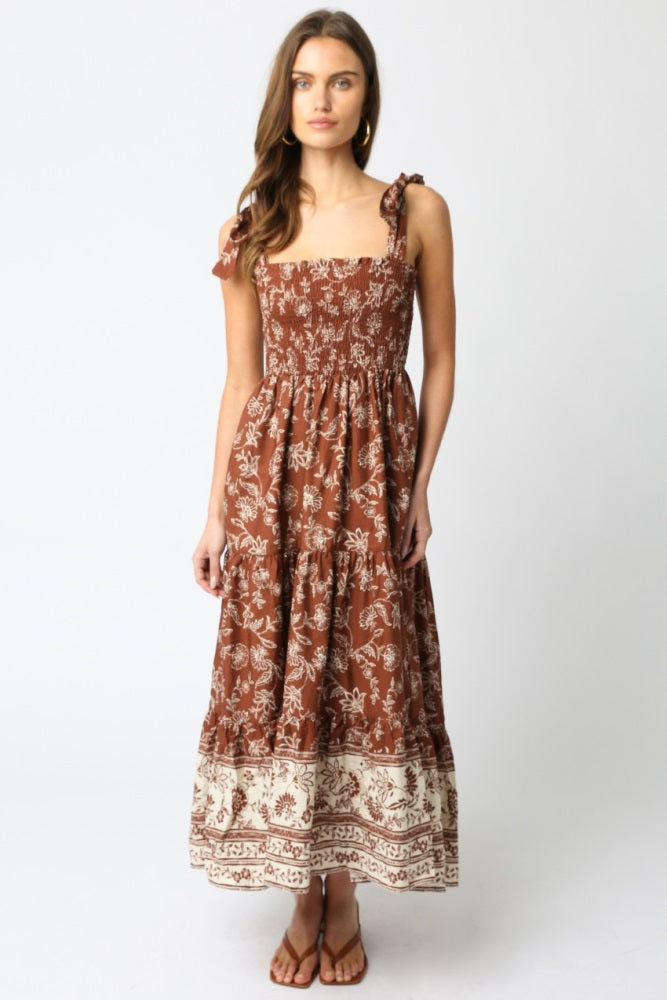 Brown Floral Smocked Shoulder Tie Maxi Dress