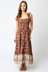Brown Floral Smocked Shoulder Tie Maxi Dress