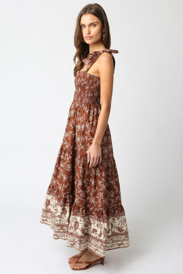 Brown Floral Smocked Shoulder Tie Maxi Dress