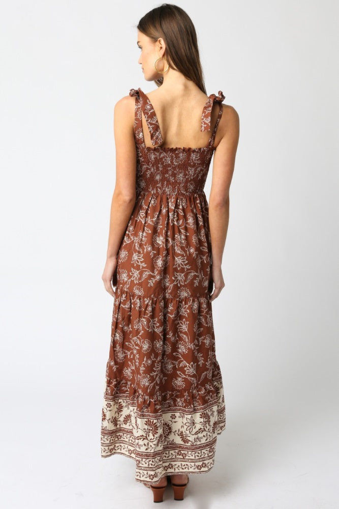 Brown Floral Smocked Shoulder Tie Maxi Dress