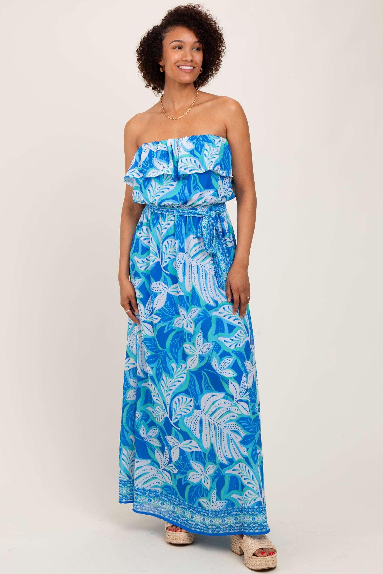 Blue Floral Chiffon Flounce Strapless Maxi Dress