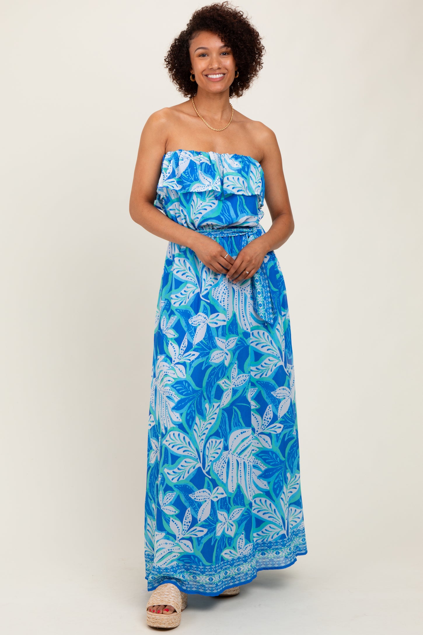 Blue Floral Chiffon Flounce Strapless Maxi Dress