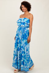 Blue Floral Chiffon Flounce Strapless Maxi Dress