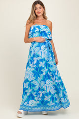 Blue Floral Chiffon Flounce Strapless Maternity Maxi Dress