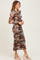 Brown Floral Mesh Overlay Ruched Midi Dress