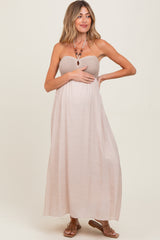 Beige Crochet Contrast Beaded Halter Neck Maternity Maxi Dress