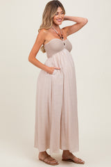 Beige Crochet Contrast Beaded Halter Neck Maternity Maxi Dress
