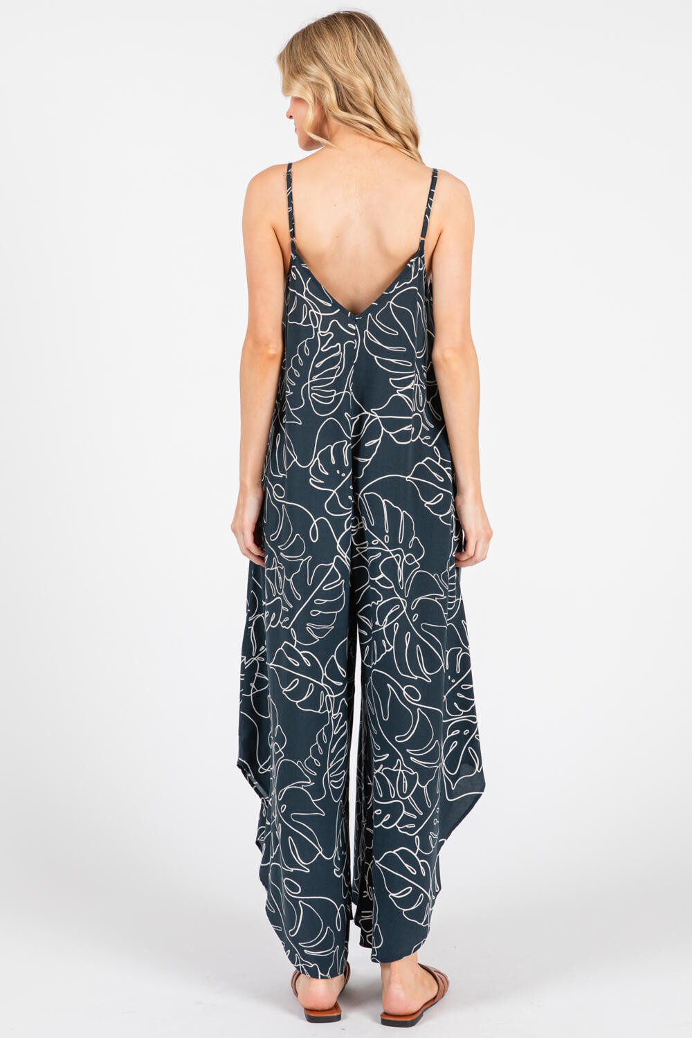 Charcoal Leaf Print Tulip Hem Jumpsuit