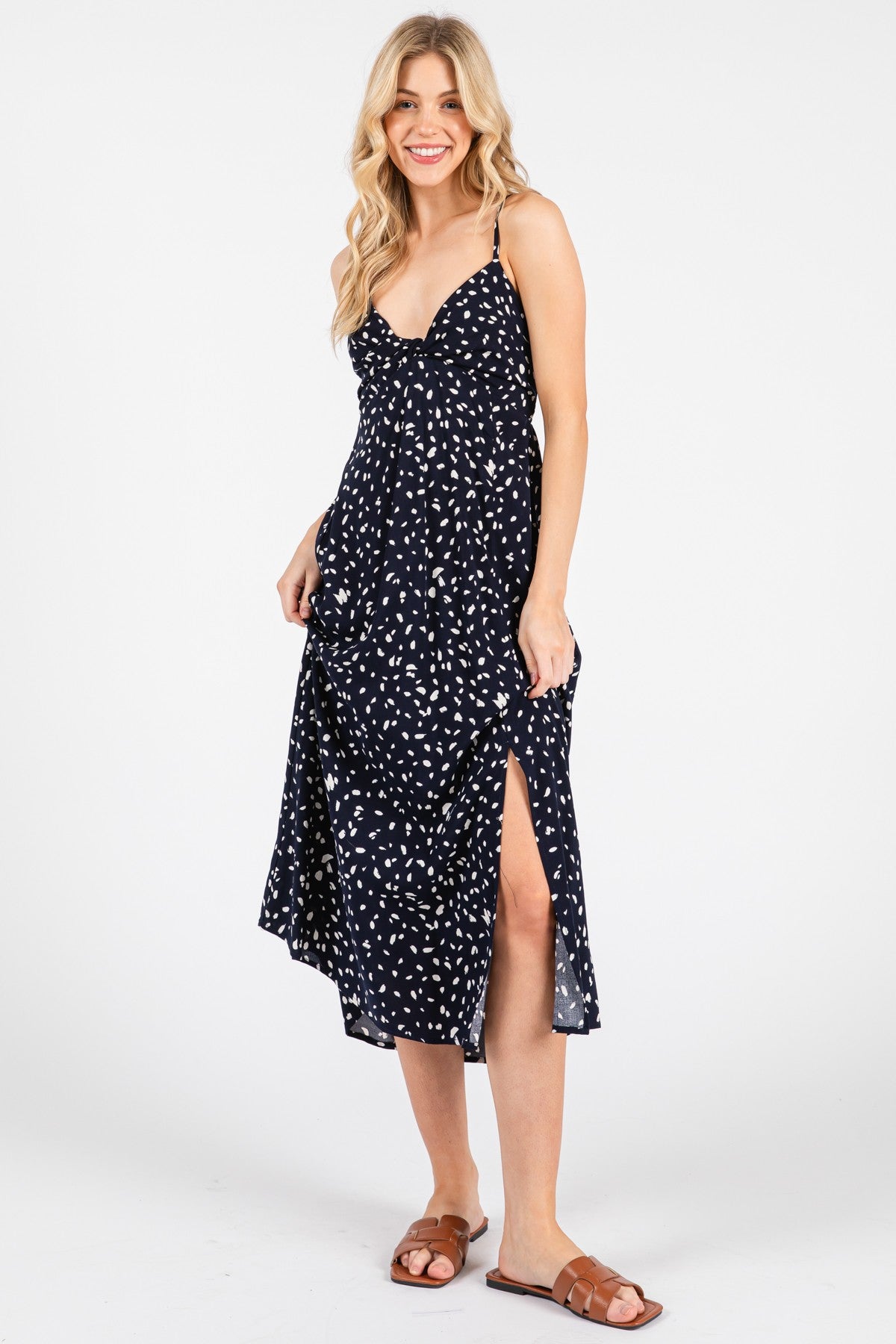 Navy Printed Front Twist Sleeveless Maternity Midi Dress