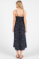 Navy Printed Front Twist Sleeveless Midi Dress