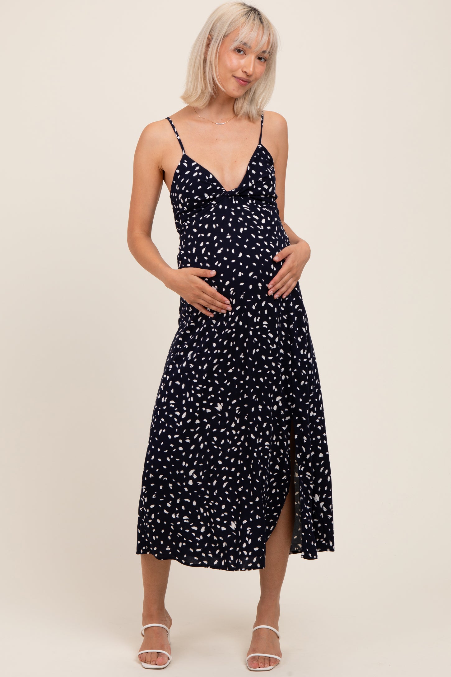 Navy Printed Front Twist Sleeveless Maternity Midi Dress