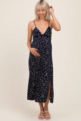 Navy Printed Front Twist Sleeveless Maternity Midi Dress