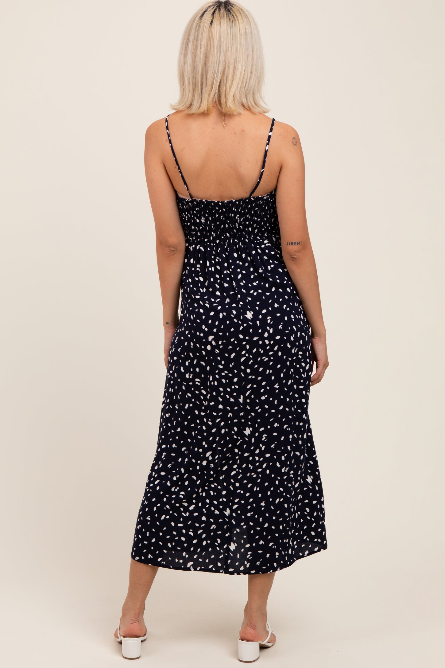 Navy Printed Front Twist Sleeveless Maternity Midi Dress