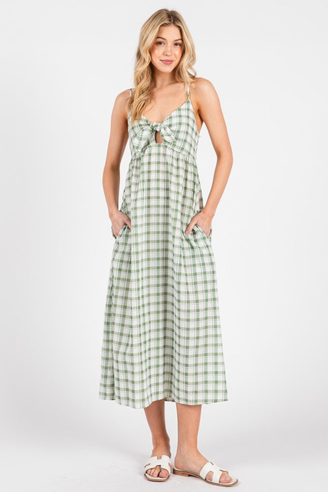 Green Checkered Plaid Front Tie Sleeveless Maternity Midi Dress PinkBlush Green Checkered Plaid Front Tie Sleeveless Maternity Midi Dress PinkBlush