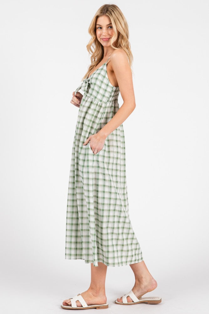 Green Checkered Plaid Front Tie Sleeveless Midi Dress