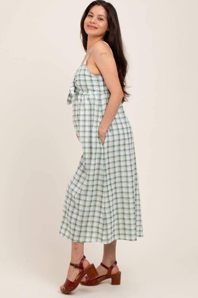 green plaid maternity dress Maternity Green Plaid 3/4 Sleeve Ruched Maternity Dress