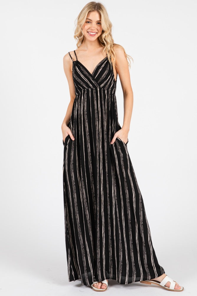 Black Striped Double Strap V-Neck Maxi Dress