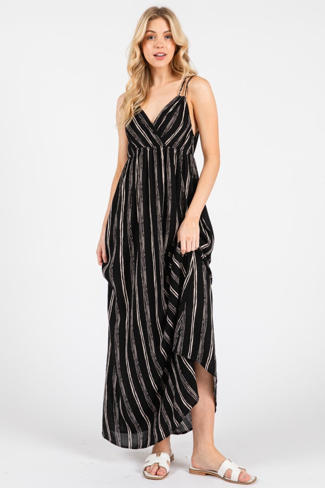 Black Striped Double Strap V-Neck Maxi Dress