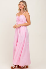 Light Pink Gathered Front Tie Maxi Dress