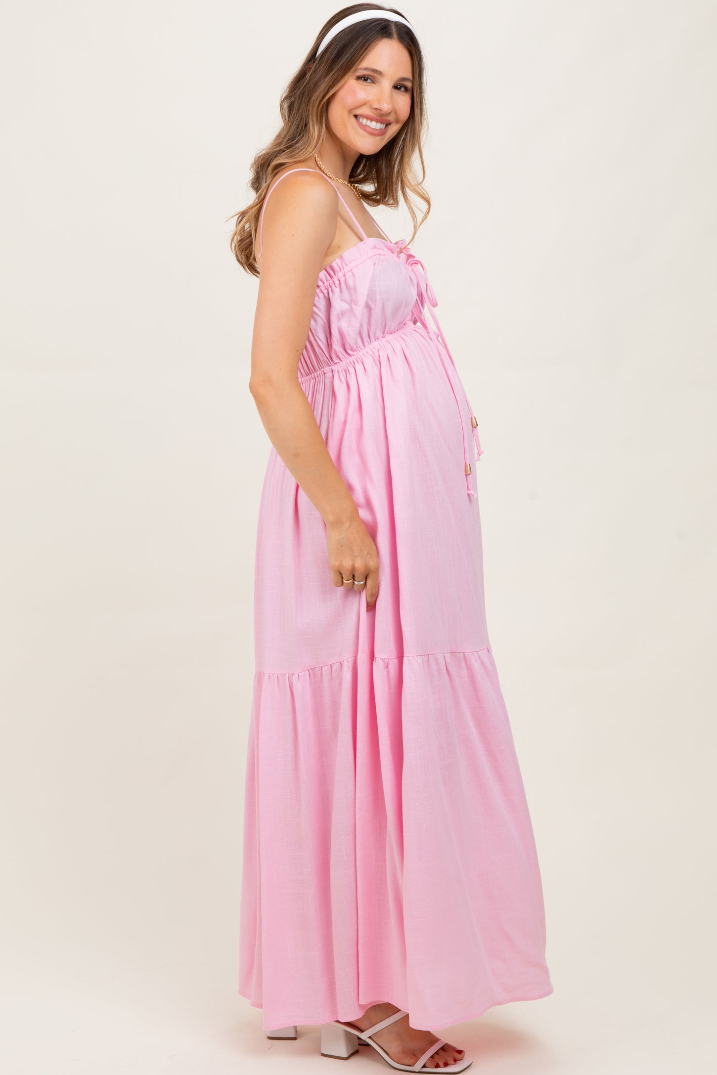 Light Pink Gathered Front Tie Maternity Maxi Dress