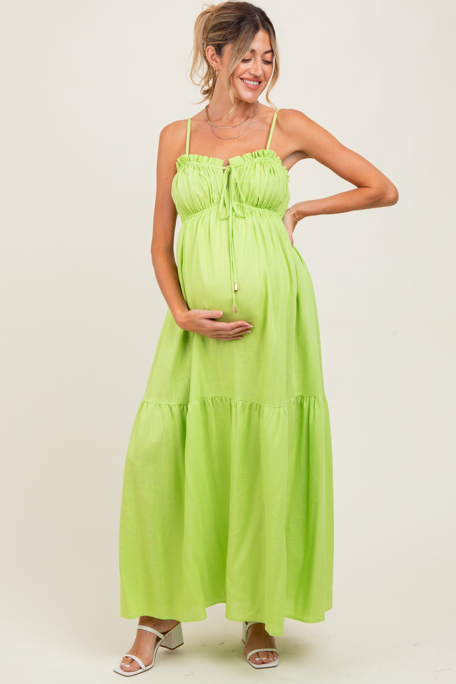 Lime Gathered Front Tie Maternity Maxi Dress Lime Gathered Front Tie Maternity Maxi Dress