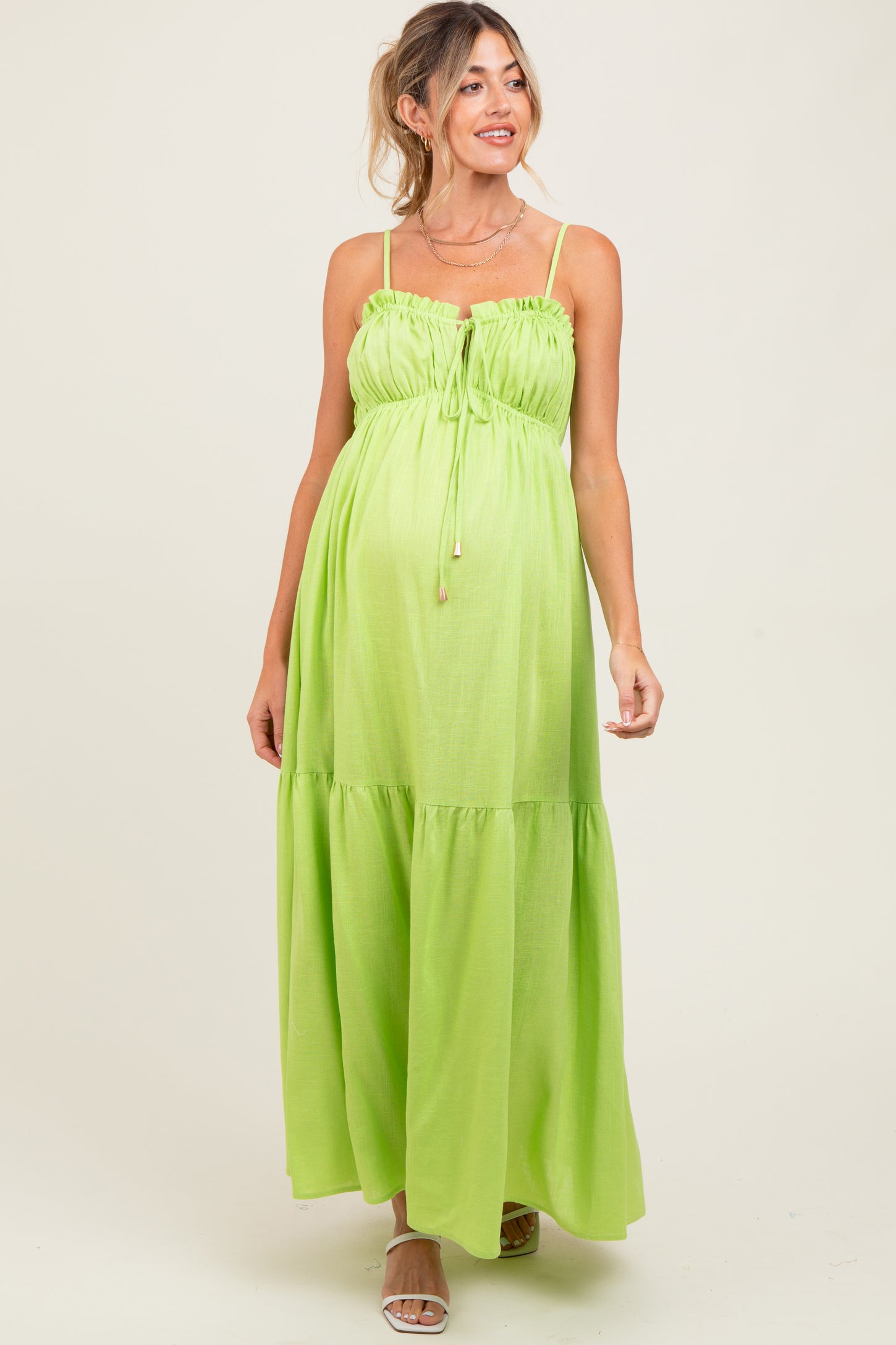lime green maternity dress Lime Smocked Halter Tiered Maternity Maxi Dress