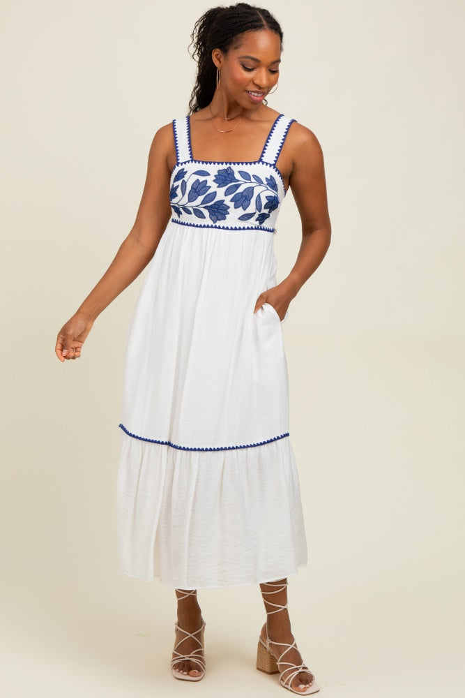 White Floral Embroidered Cutout Tie Back Midi Dress