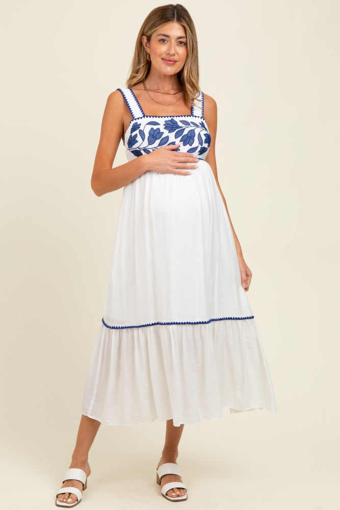 White Floral Embroidered Cutout Tie Back Maternity Midi Dress