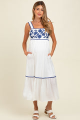 White Floral Embroidered Cutout Tie Back Maternity Midi Dress