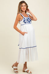 White Floral Embroidered Cutout Tie Back Maternity Midi Dress